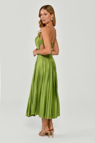 İp Askılı Pliseli Parlak Kumaş Midi Elbise FISTIK YEŞİLİ - 42