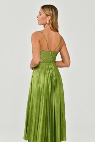 İp Askılı Pliseli Parlak Kumaş Midi Elbise FISTIK YEŞİLİ - 42
