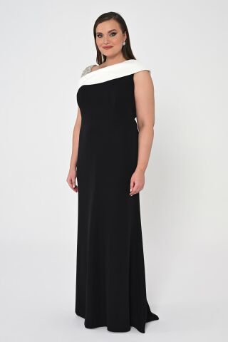 İşlemeli Omuz Saten Yaka Krep Uzun Elbise SİYAH / BEYAZ - 40