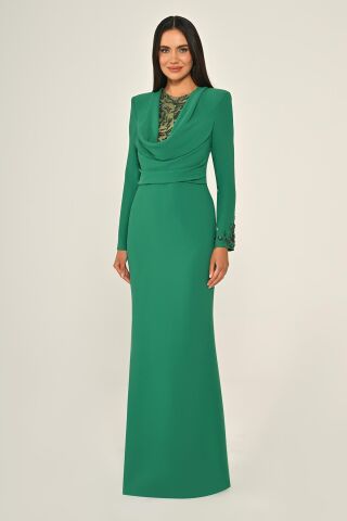 Payetli Göğüs Degaje Yaka Krep Uzun Elbise Yeşil - 44