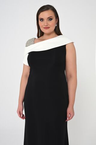 İşlemeli Omuz Saten Yaka Krep Uzun Elbise SİYAH / BEYAZ - 46