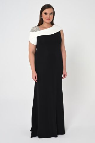 İşlemeli Omuz Saten Yaka Krep Uzun Elbise SİYAH / BEYAZ - 46