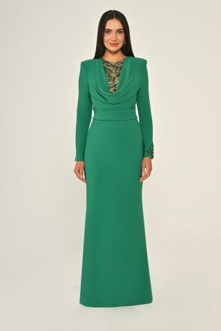 Langes Kleid aus Crêpe mit Pailletten und Wasserfallausschnitt, Grün - 46