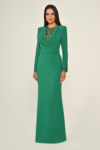 Payetli Göğüs Degaje Yaka Krep Uzun Elbise Yeşil - 46