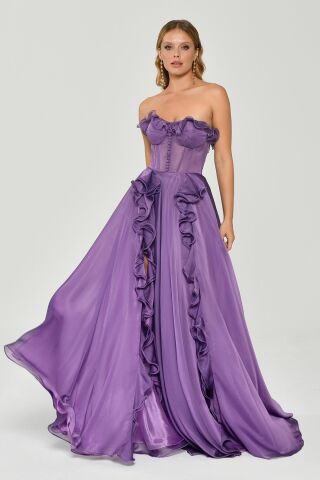Straplez Fırfırlı Çift Yırtmaçlı Şifon Uzun Elbise Lila - 36