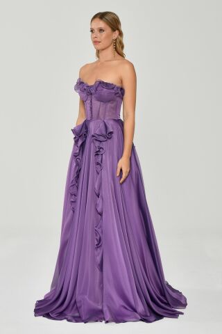 Straplez Fırfırlı Çift Yırtmaçlı Şifon Uzun Elbise Lila - 36
