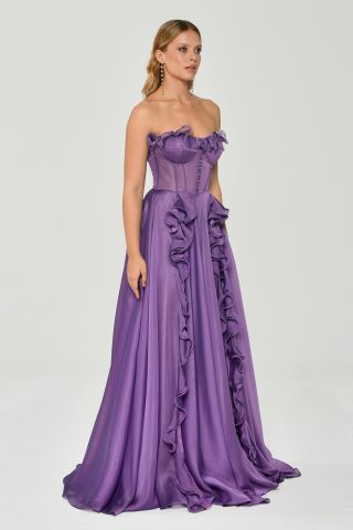 Straplez Fırfırlı Çift Yırtmaçlı Şifon Uzun Elbise Lila - 36