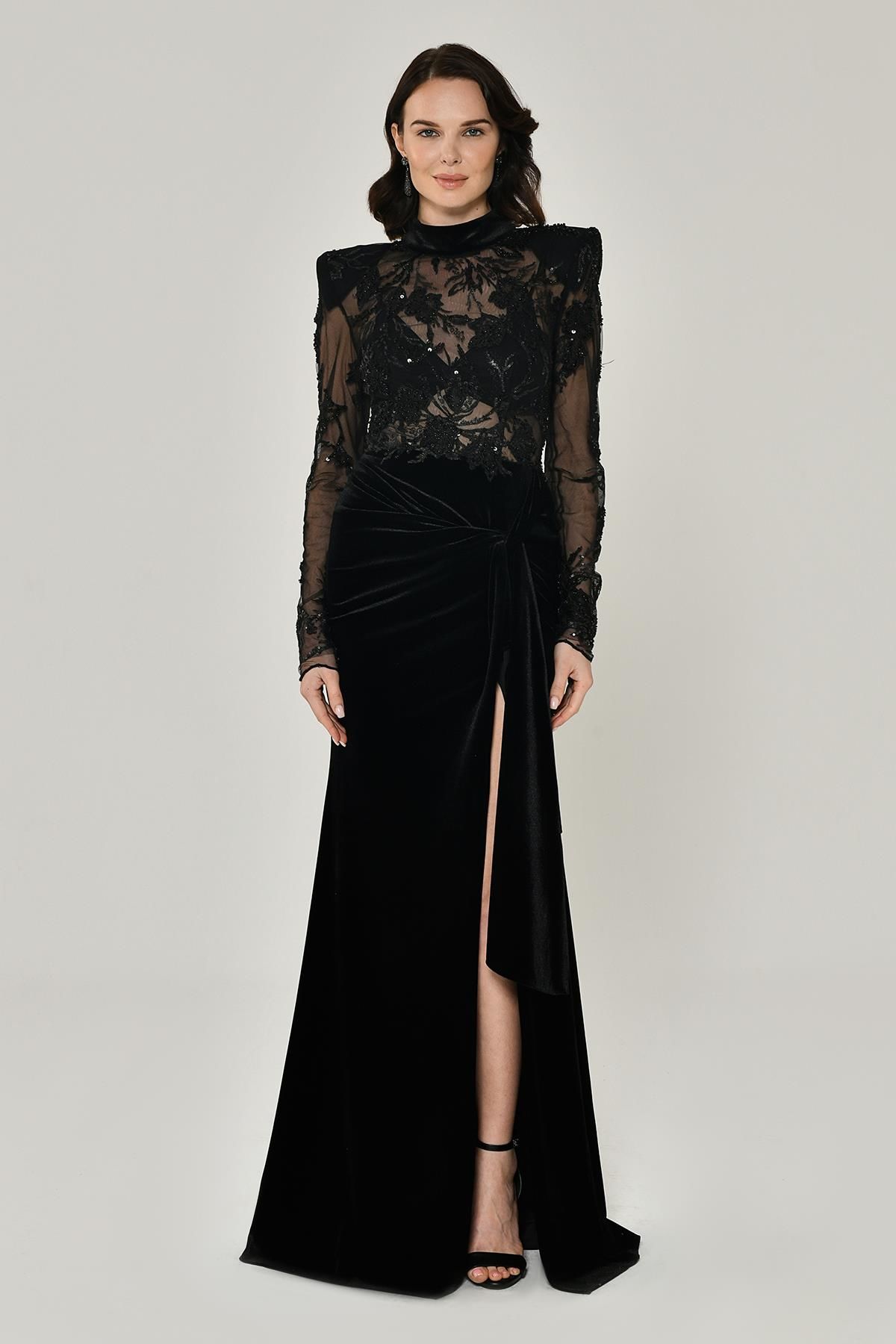 PADDED TRANSPARENT TOP VELVET SLOT LONG DRESS