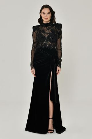 PADDED TRANSPARENT TOP VELVET SLOT LONG DRESS