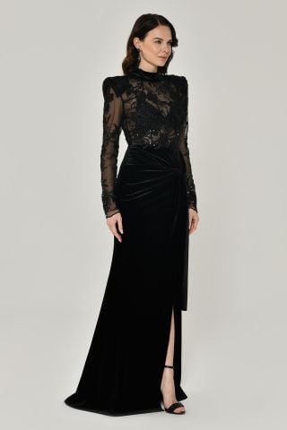 PADDED TRANSPARENT TOP VELVET SLOT LONG DRESS