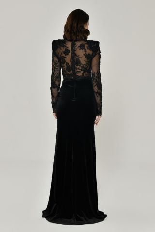 PADDED TRANSPARENT TOP VELVET SLOT LONG DRESS