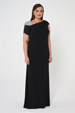 İşlemeli Omuz Saten Yaka Krep Uzun Elbise SİYAH / SİYAH - 44