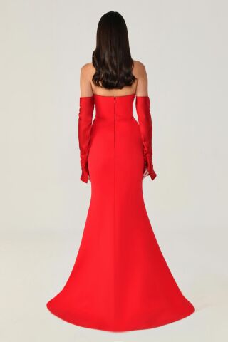Straplez Kollu Balık Kesim Uzun Elbise Kırmızı - 44