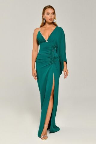 Tek Kol V Yaka Yırtmaçlı Uzun Elbise