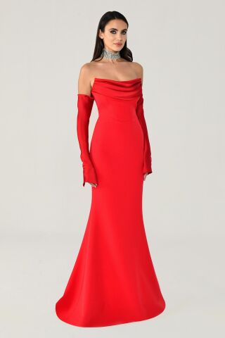 Straplez Kollu Balık Kesim Uzun Elbise Kırmızı - 46