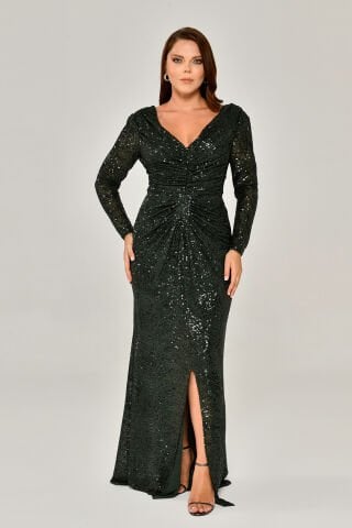 Sequined V NECK LONG SLEEVE DRESS LONG
