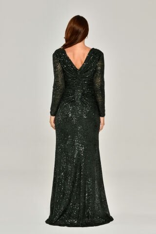 Sequined V NECK LONG SLEEVE DRESS LONG