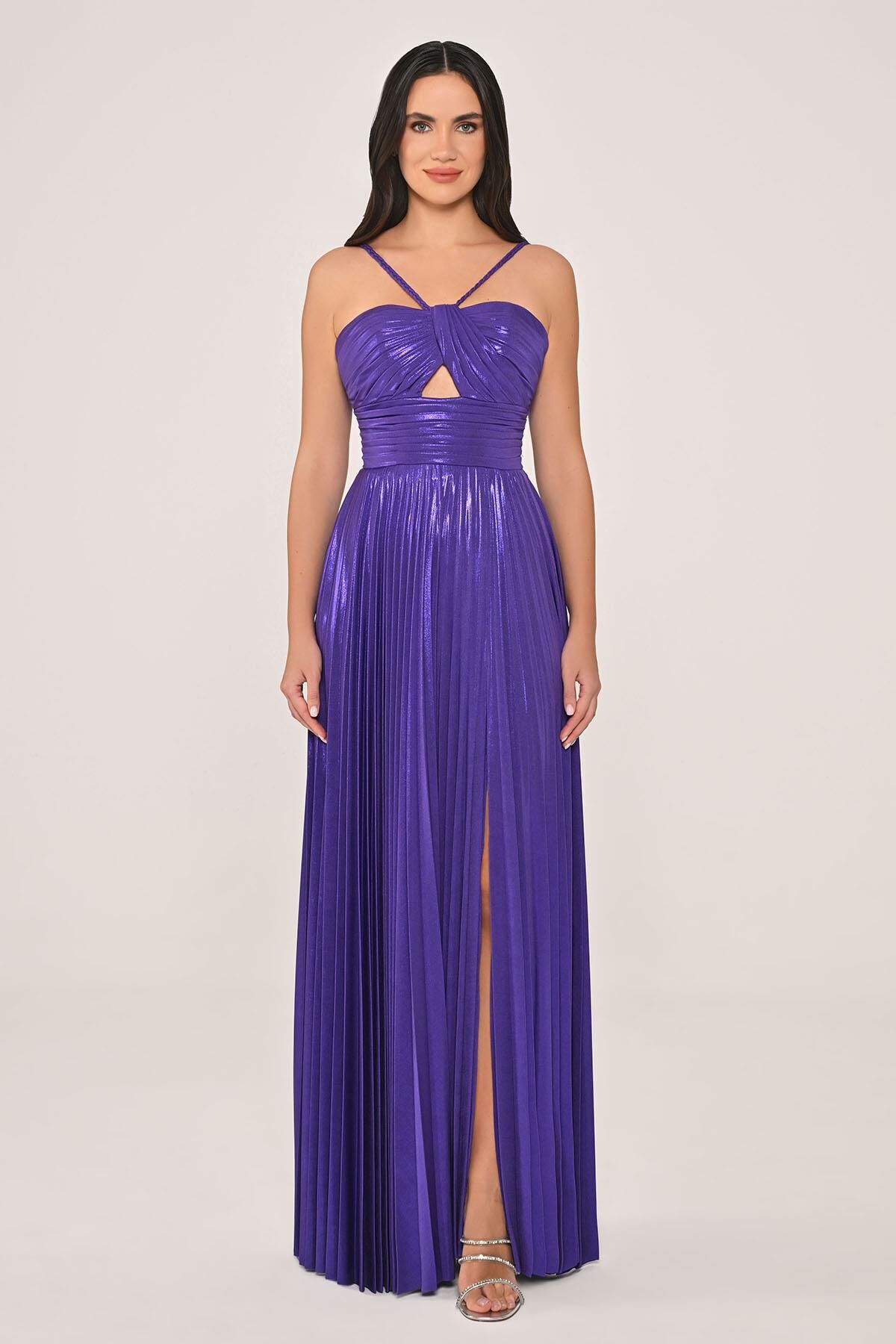 İp Askılı Önden Yırtmaçlı Parlak Şifon Uzun Elbise Mor - 40