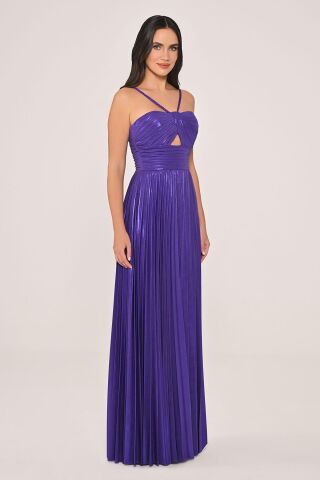İp Askılı Önden Yırtmaçlı Parlak Şifon Uzun Elbise Mor - 40