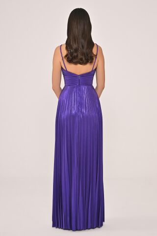 İp Askılı Önden Yırtmaçlı Parlak Şifon Uzun Elbise Mor - 40