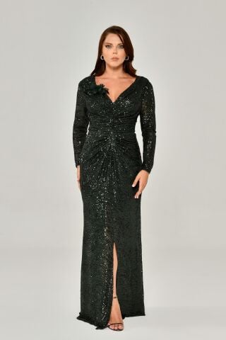 Sequined V NECK LONG SLEEVE DRESS LONG