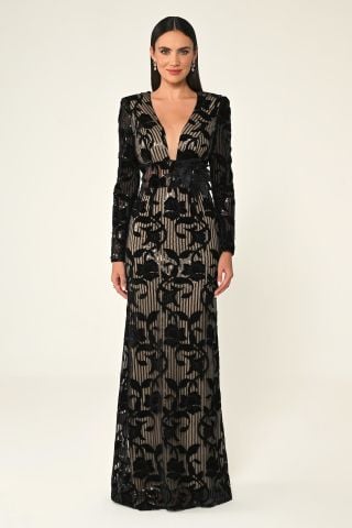 LONG SLEEVE padded V NECK LONG DRESS FLOWERS BEL is