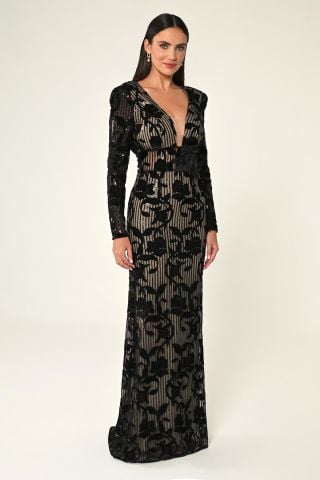 Uzun Kollu Vatkalı Beli Çiçekli Payetli Kadife Uzun Elbise