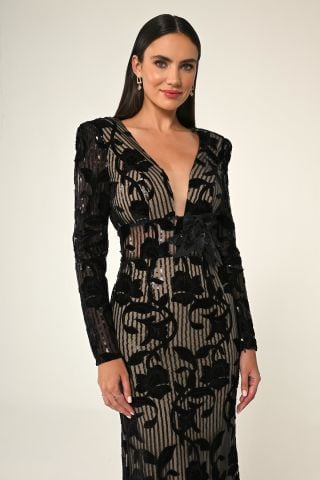 LONG SLEEVE padded V NECK LONG DRESS FLOWERS BEL is