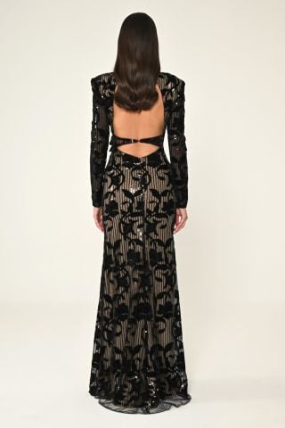LONG SLEEVE padded V NECK LONG DRESS FLOWERS BEL is