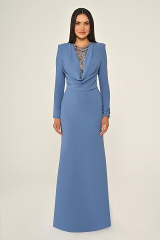 Payetli Göğüs Degaje Yaka Krep Uzun Elbise İNDİGO - 44