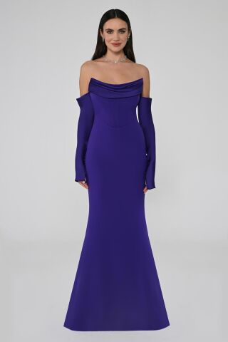Trägerloses, langes Kleid mit Fischschnitt-Ärmeln, Lila - 42