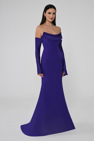 Trägerloses, langes Kleid mit Fischschnitt-Ärmeln, Lila - 42