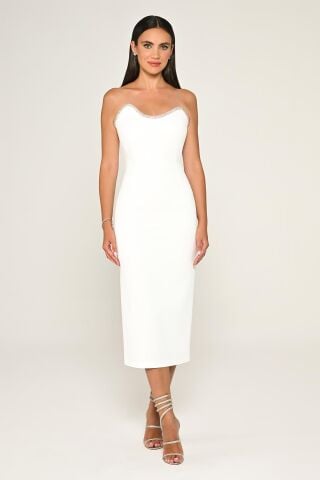 Trägerloses Midikleid aus Crêpe mit Schleifen-Accessoire, Weiß – 42