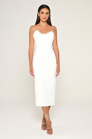 Trägerloses Midikleid aus Crêpe mit Schleifen-Accessoire, Weiß – 42