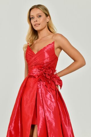 Straplez Yandan Yırtmaçlı parlak Kumaş Uzun Elbise Fuşya - 40