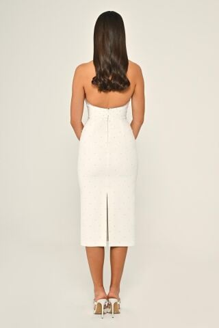 Halter Yaka Boncuklu Krep Midi Elbise Beyaz - 36