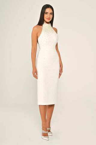 Halter Yaka Boncuklu Krep Midi Elbise Beyaz - 44