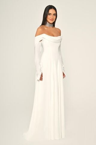 Langes Kleid aus Satin-Crêpe mit schulterfreien Ärmeln, Weiß - 44