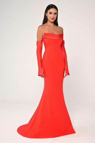 Straplez Kollu Balık Kesim Uzun Elbise ORANGE - 40