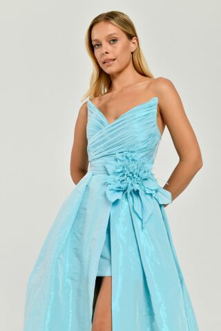 Straplez Yandan Yırtmaçlı parlak Kumaş Uzun Elbise MAVİ - 36