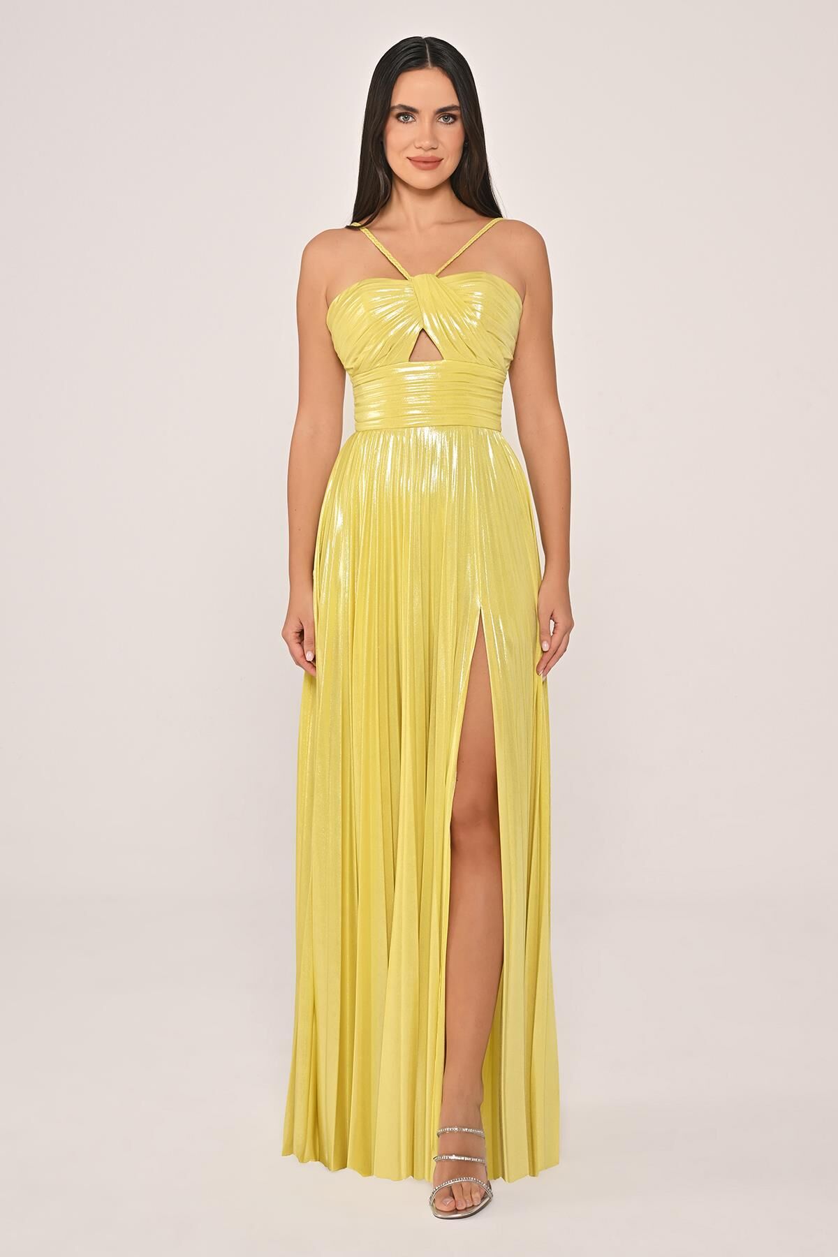 İp Askılı Önden Yırtmaçlı Parlak Şifon Uzun Elbise SARI - 36