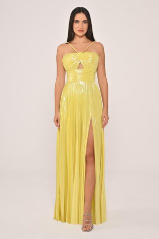 İp Askılı Önden Yırtmaçlı Parlak Şifon Uzun Elbise SARI - 36