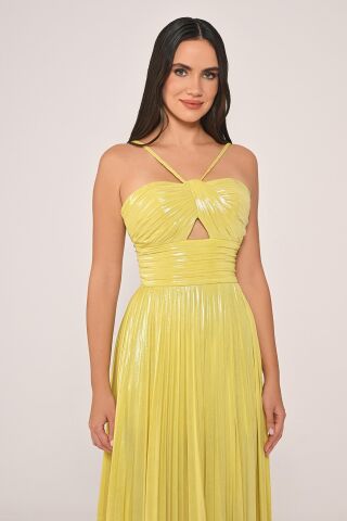 İp Askılı Önden Yırtmaçlı Parlak Şifon Uzun Elbise SARI - 36