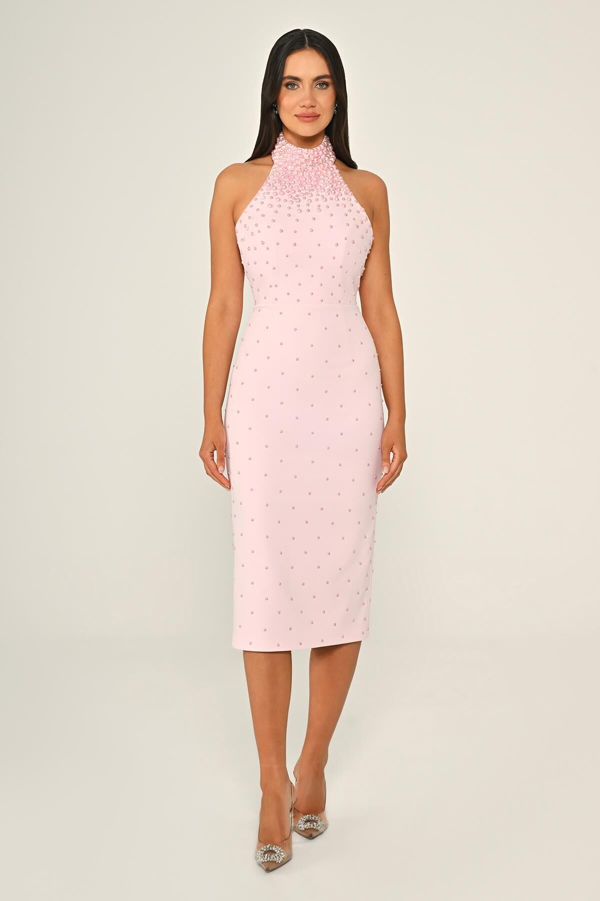 Halter Yaka Boncuklu Krep Midi Elbise Pembe - 38