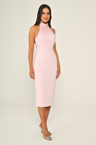 Halter Yaka Boncuklu Krep Midi Elbise Pembe - 38