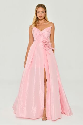 Straplez Yandan Yırtmaçlı parlak Kumaş Uzun Elbise Pembe - 36