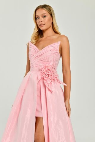 Straplez Yandan Yırtmaçlı parlak Kumaş Uzun Elbise Pembe - 36