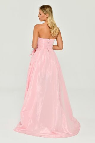 Straplez Yandan Yırtmaçlı parlak Kumaş Uzun Elbise Pembe - 42