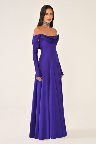Düşük Omuz Kolları Saten Krep Uzun Elbise Mor - 42