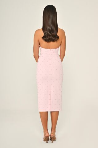 Halter Yaka Boncuklu Krep Midi Elbise Pembe - 42